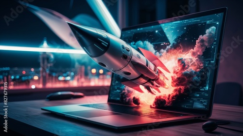 Space rocket emerging from laptop screen