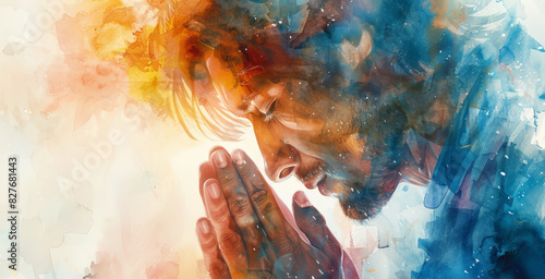 A man prays with his head bowed, his hands clasped together. The background is a mix of vibrant colors, suggesting a spiritual connection.