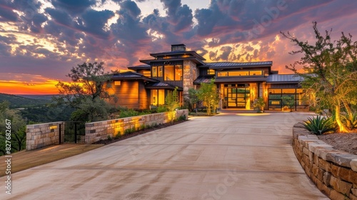 Beautiful modern luxury home in the Texas hill country at sunset with a beautiful sky. Front view of the house shows a large driveway and low wall fence,
