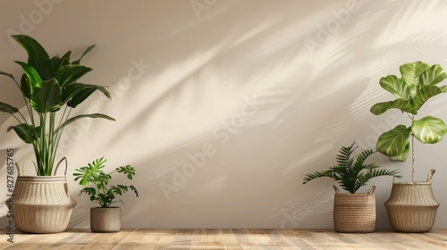 Beige wall mockup with wooden floor and plants in pots on empty background, 3d rendering ,