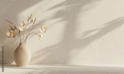 Beige white wall background with a vase and flower on the table, mock up for a product presentation template