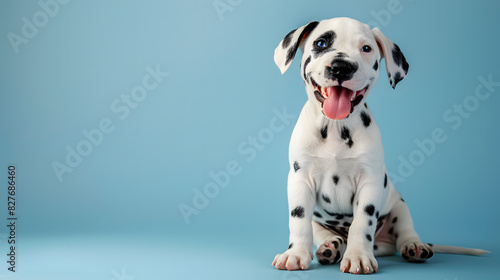 A cute Dalmatian puppy dog sitting in the blank azure studio background, in a happy and playful mood, Adorable Pet Photo with copy space