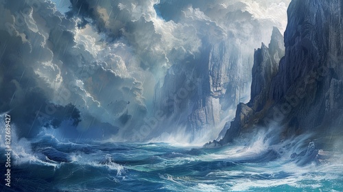 A dramatic seascape with towering cliffs plunging generated by AI