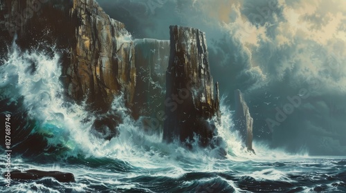 A dramatic seascape with towering cliffs plunging generated by AI