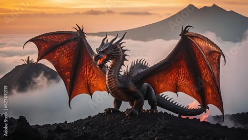 dragon in the mountains, a red dragon on a volcanic island shrouded in mist