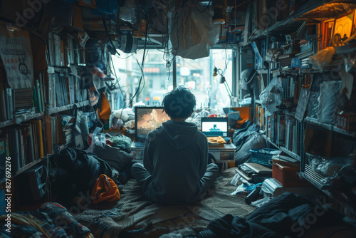 Rear view of solitary migrant sits inside a cramped, cluttered apartment filled with scattered clothing and items, immersed in computer screens