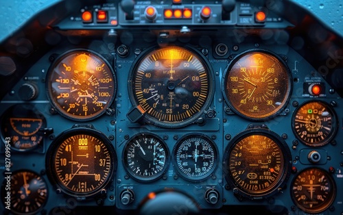 A close-up view inside a plane cockpit, showing numerous gauges and instruments