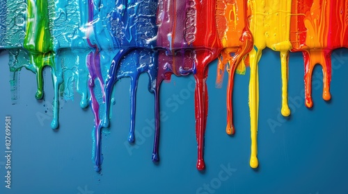 Multicolored bright aquarela paints dripping down on blue background.
