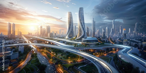 The futuristic city of tomorrow with flying cars and advanced technology.