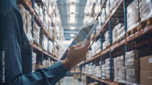 blurred warehouse interior with worker holding tablet managing smart distribution system mobile barcode scanner digital technology concept