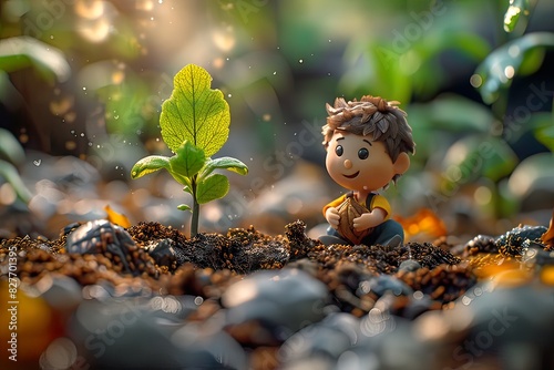 young man plant a tree and smile on his face, 3d animated