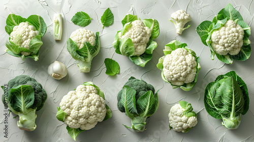 Collection of fresh cauliflowers with green leaves