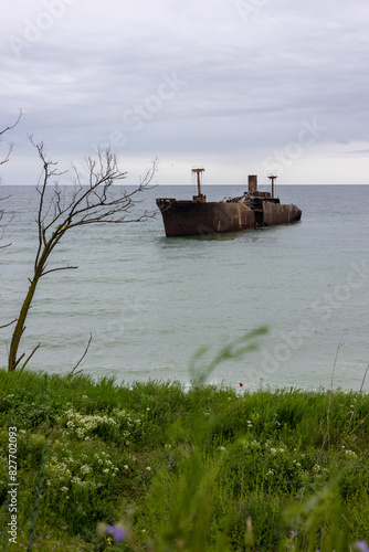 An old wreck abandoned at sea. The wreck of a ship near shore.