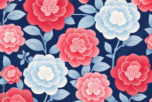 Tsubaki (Camellia) flowers seamless pattern ranging from red to pink and white in japanese style on blue background