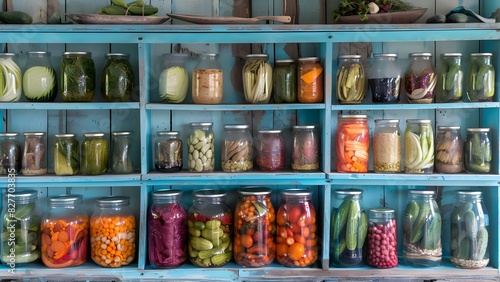 Preserving the art of pickling with vibrant jars of vegetables displayed on colorful shelves. Concept Pickling, Preserving, Food Art, Vibrant Display, Colorful Shelves