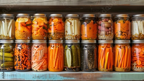 The art of pickling showcased with vibrant jars of pickled vegetables on colorful shelves. Concept Food Art, Pickling Techniques, Colorful Presentation, Culinary Creativity, Preserved Vegetables