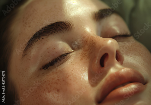 Portrait en gros plan, visage d'une femme assoupie, effet healthy, tâches de rousseurs et beauté simple, jeu de lumière effet ensoleillé 