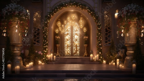 A beautifully decorated home entrance adorned with festive lights and ornaments for Eid ul Adha celebrations.
