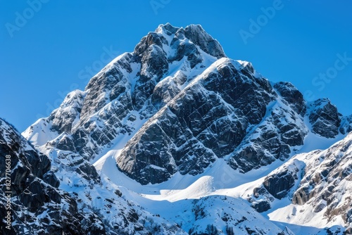 Majestic Snow-Covered Mountain Peak under Clear Blue Sky