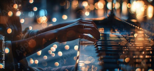 A lone musician sits in front of a holographic piano their hands gracefully pressing invisible keys as they compose a beautiful melody.