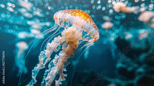 Close-up dangerous tropical jellyfish swimming in the ocean
