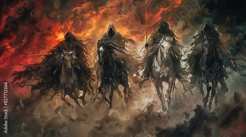 four horsemen of the apocalypse conquest war pestilence and death concept illustration