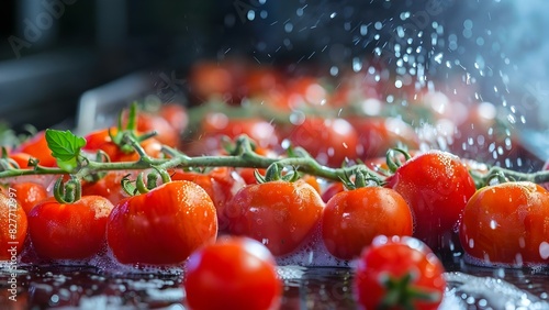 Tomatoes being washed on a conveyor belt in a workshop for wholesale packaging and sale. Concept Tomato processing, Conveyor belt, Wholesale packaging, Food industry, Sustainable agriculture