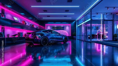 futuristic electric car dealership showroom with neon lights and reflective floors 3d rendering