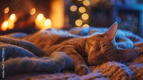 Cozy cat napping by fireplace. A ginger cat enjoys a peaceful sleep by a warm fireplace, creating a cozy and inviting atmosphere.