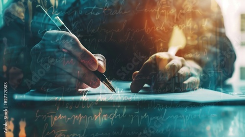 Person writing on a piece of paper with abstract overlay of code and data, capturing the essence of innovation and creativity in technology.
