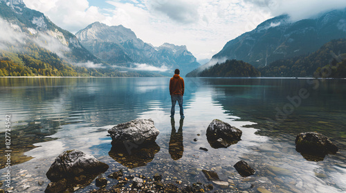 Man contemplating nature by a serene lake. Tranquil scene of a man finding peace and solitude amidst stunning mountain and lake reflections. Perfect for travel, nature, and mindfulness themes.