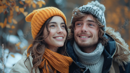 A man and a woman smiling in winter clothes