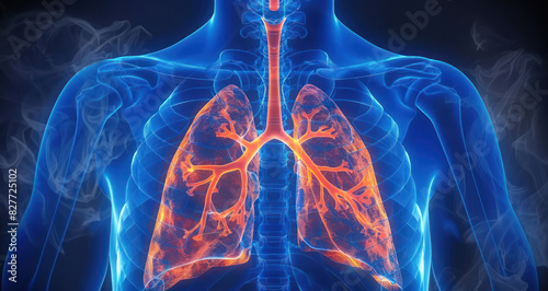 glowing human body with the lungs highlighted in orange on a black background.