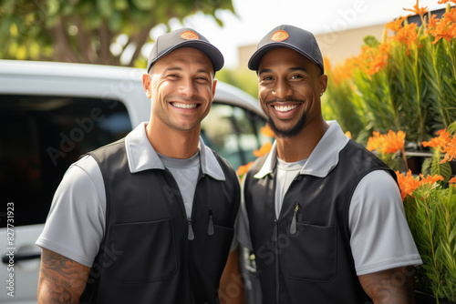 Two smiling male yard service workers in orange safety vests and caps