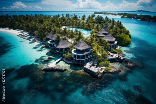 Beautiful tropical Maldives resort hotel and island with beach and sea, Perfect aerial landscape view, Ai generated