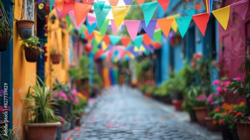 A colorful display of flowers and balloons hangs above a crowd of people