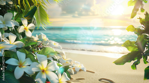 Scenic Tropical Beach View with Bright Sunlight and Floral Accents