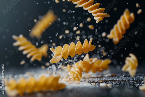 Floating Fusilli Pasta Against Black Background with Flour Particles