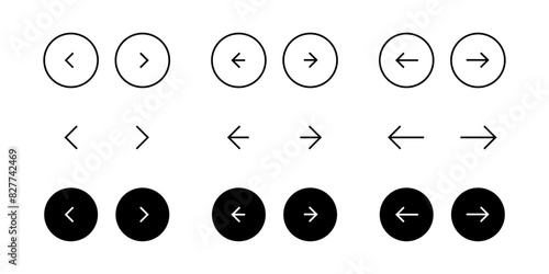 Arrow buttons icon set. Website slider navigation symbols. Next and previous rounded buttons for app. Web interface arrow buttons isolated illustration.