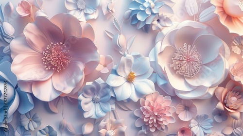 3D Floral Patterns, Stylized, three-dimensional flowers in abstract arrangements. Soft, pastel colors for a delicate look.