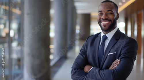 An elegantly dressed man in a dark suit stands in a modern, glass office, smiling warmly.
