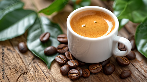 Freshly brewed cup of espresso on a wooden table, surrounded by coffee beans and green leaves, creating a warm and inviting atmosphere.