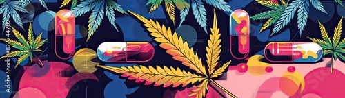 Infographic illustrating the various forms of medical cannabis, pop art style, bold colors, and graphic shapes