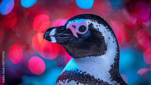  A tight shot of a penguin, its eyes aglow with a blend of red, blue, and pink lights amidst a blurred backdrop The foreground features an indist