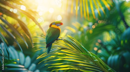  A vibrant bird perches atop a verdant tree, teeming with numerous green leaves A radiant sun backs the scene