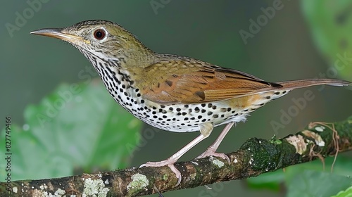  A close-up of a brown and white speckled bird perched on a tree branch, surrounded by leaves in the foreground The background softly blurs into a tree with green leaves