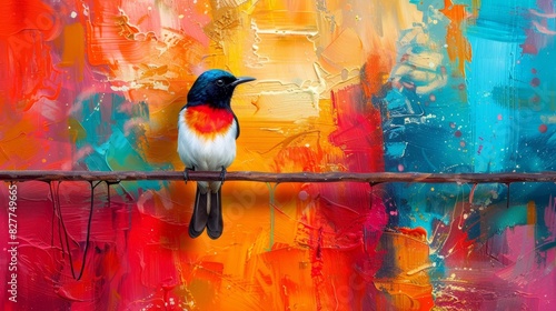 a bird perches, adorned by red, white, and blue birds atop its head Background comprises yellow, red, orange, blue, yellow,