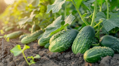  A group of cucumbers grows in a field of dirt, their green leaves atop and below