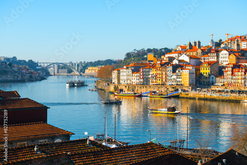 Porto, Portugal. Panoramic view of the old town and Douro river at sunset.
