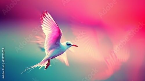  A white bird flies against a pink and blue backdrop, with a matching foreground featuring another white bird